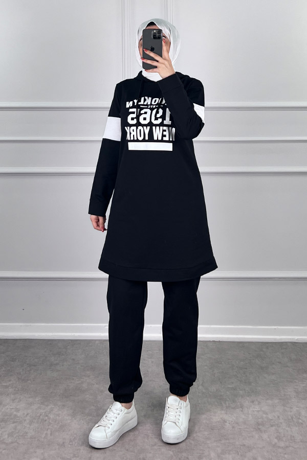 Şerit Detaylı Spor Takım - Siyah