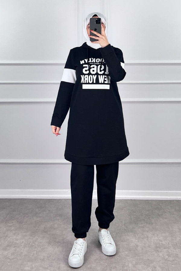 Şerit Detaylı Spor Takım - Siyah