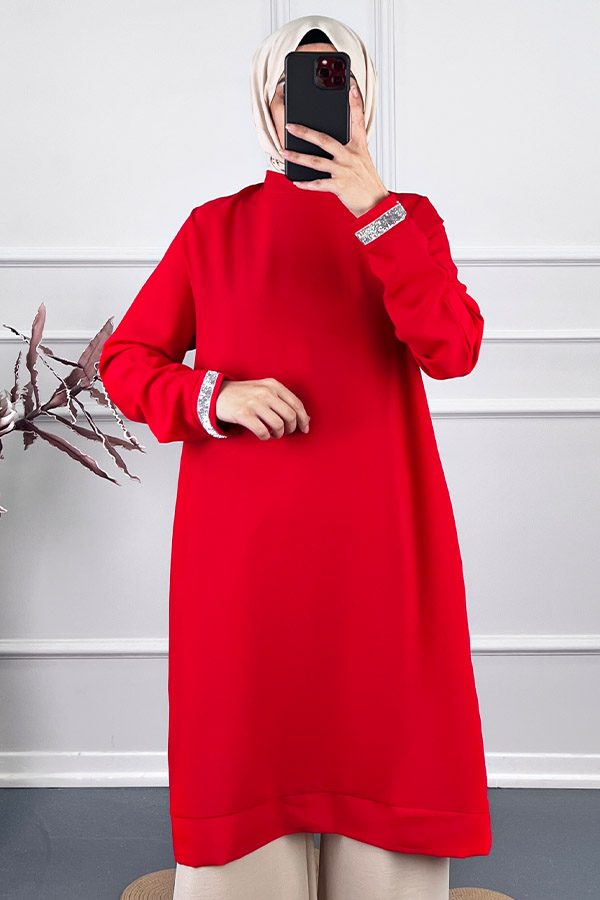 Şerit Detaylı Tunik - Kırmızı