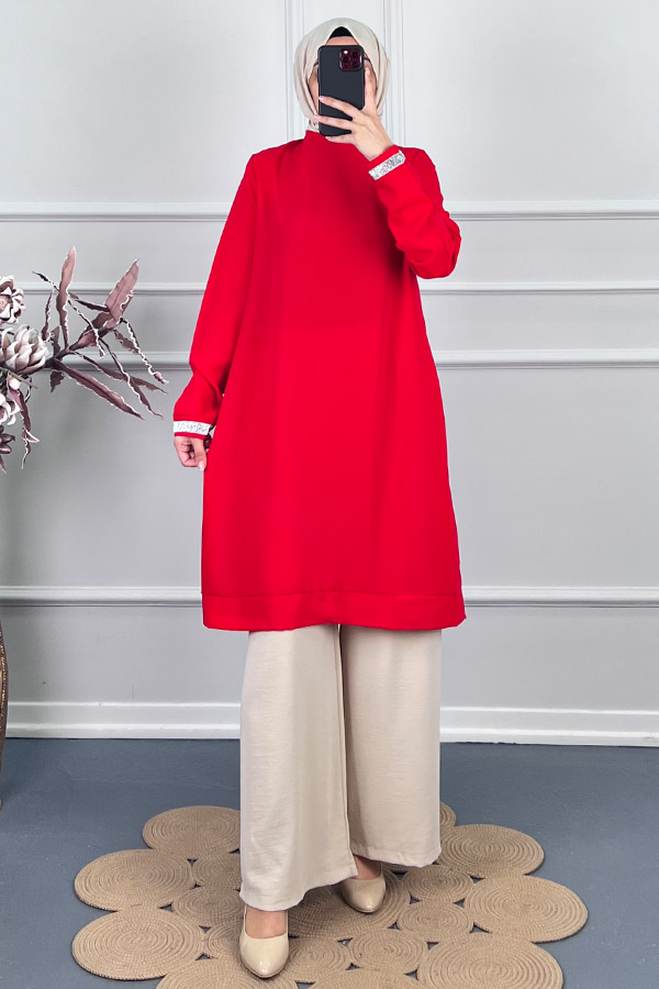 Şerit Detaylı Tunik - Kırmızı