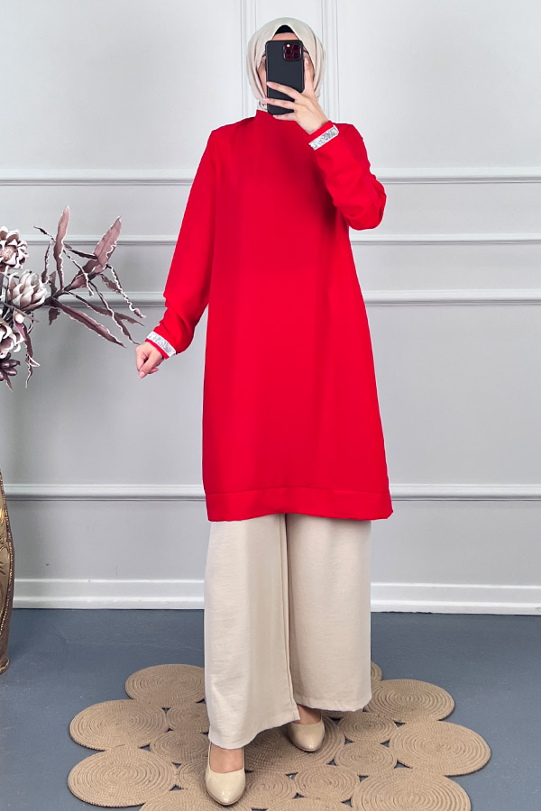 Şerit Detaylı Tunik - Kırmızı