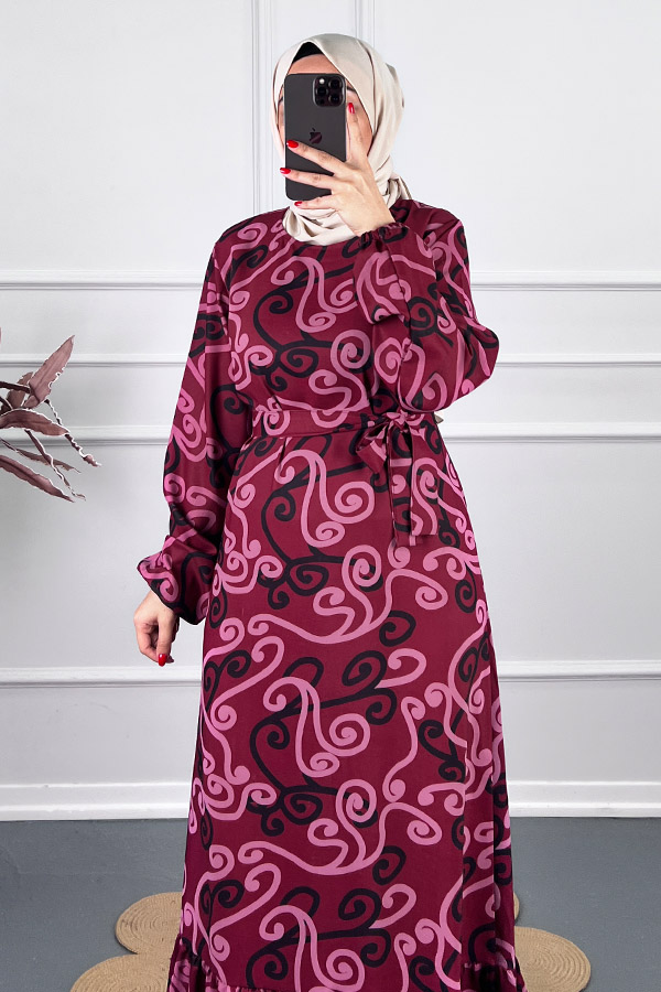 Spor Desenli Elbise - Bordo