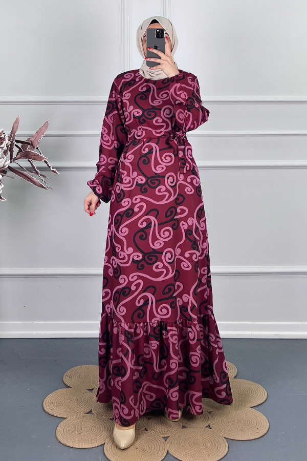 Spor Desenli Elbise - Bordo