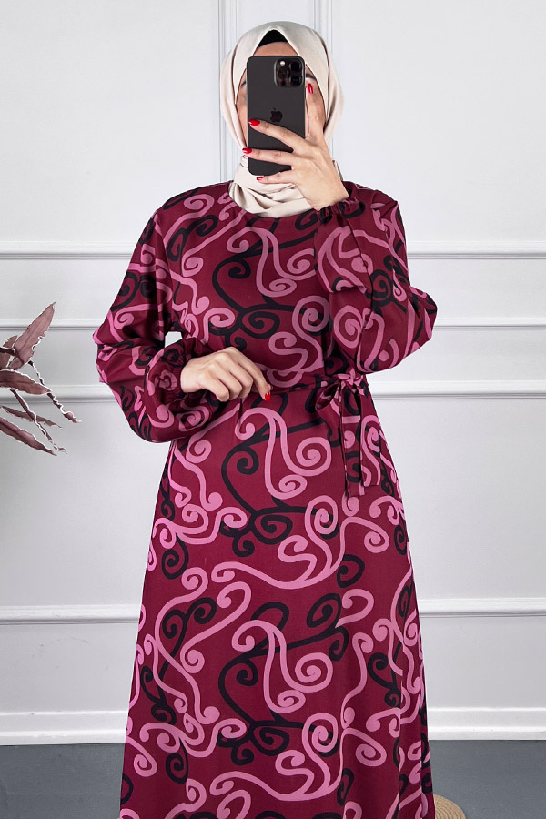 Spor Desenli Elbise - Bordo