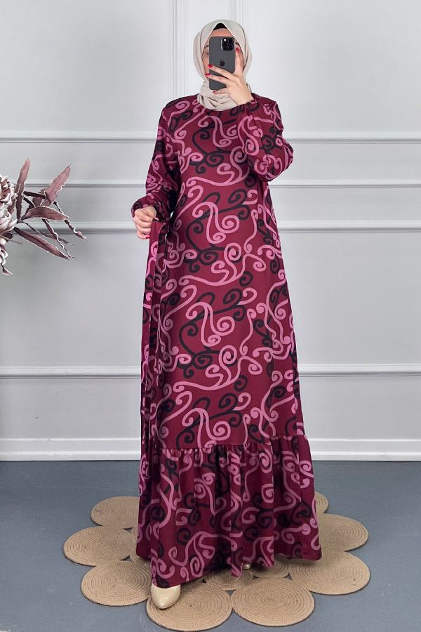 Spor Desenli Elbise - Bordo