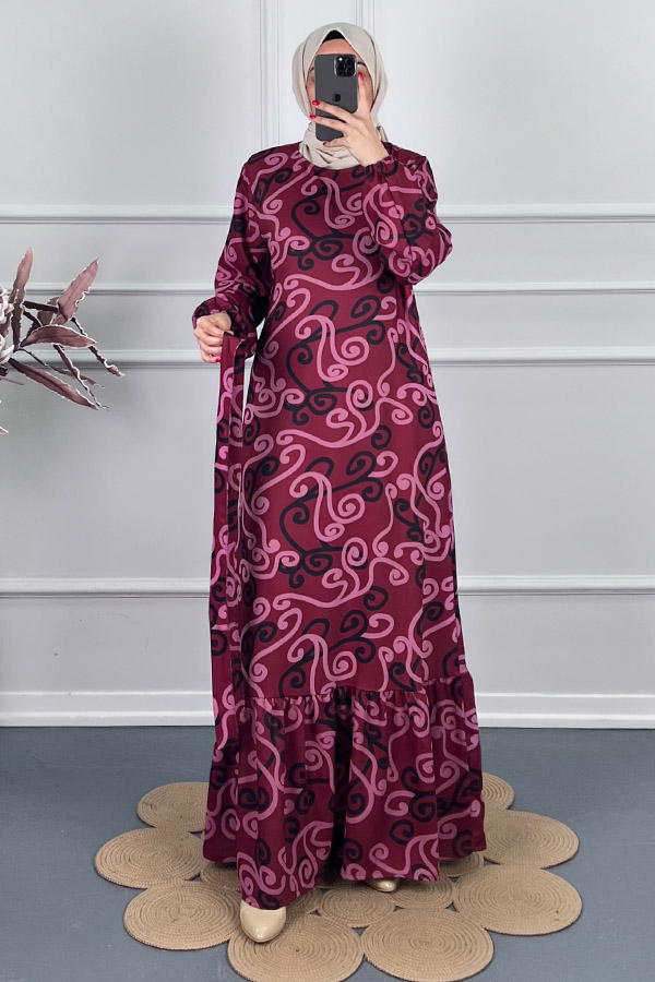 Spor Desenli Elbise - Bordo