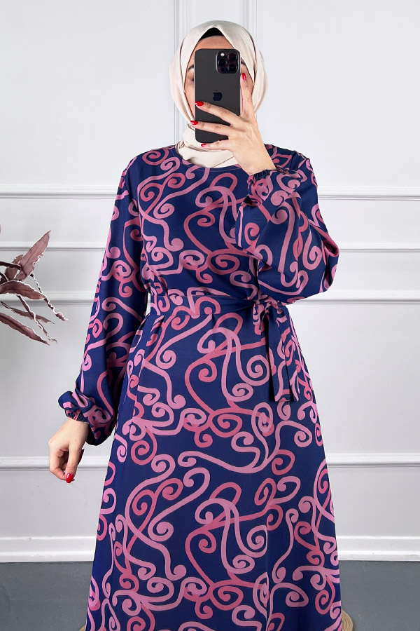 Spor Desenli Elbise - Mavi