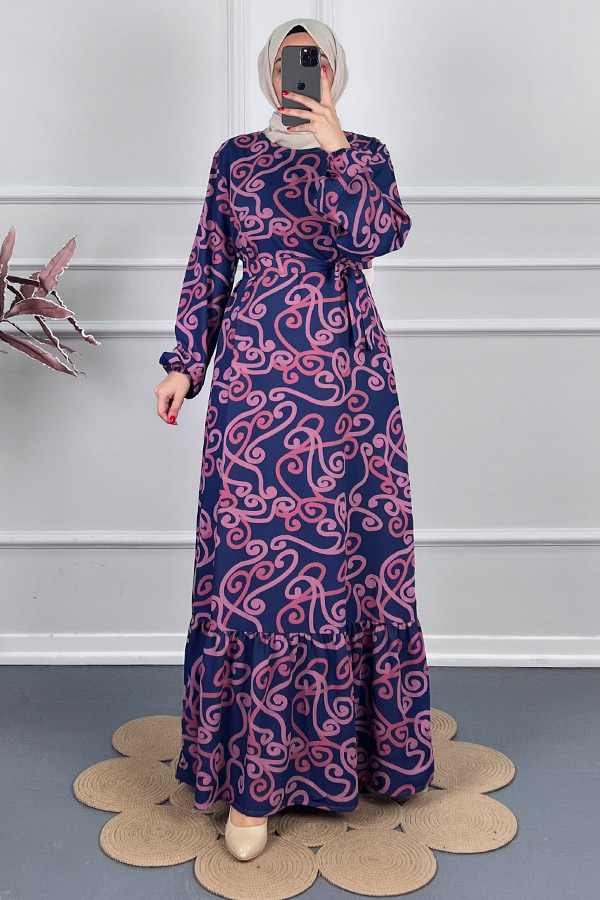 Spor Desenli Elbise - Mavi