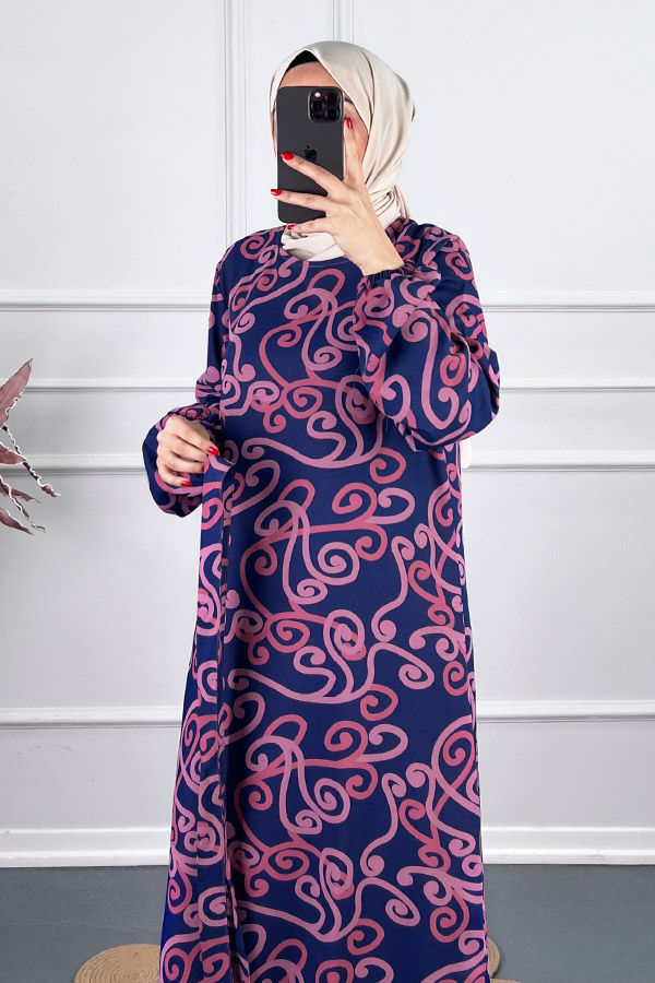 Spor Desenli Elbise - Mavi