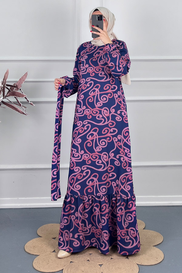 Spor Desenli Elbise - Mavi