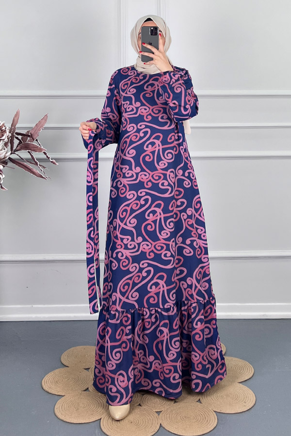 Spor Desenli Elbise - Mavi