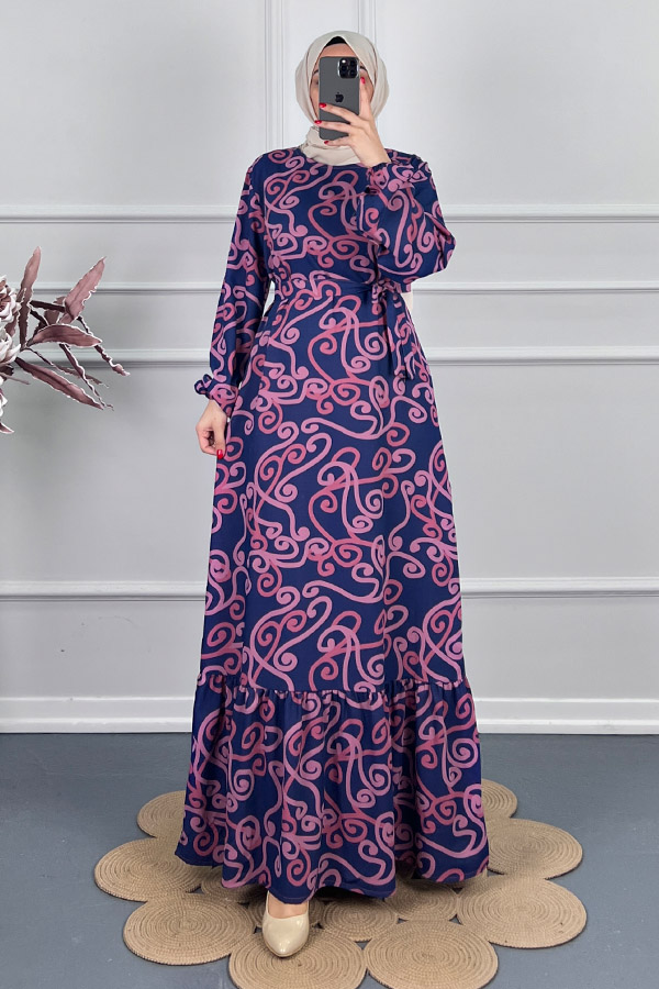 Spor Desenli Elbise - Mavi