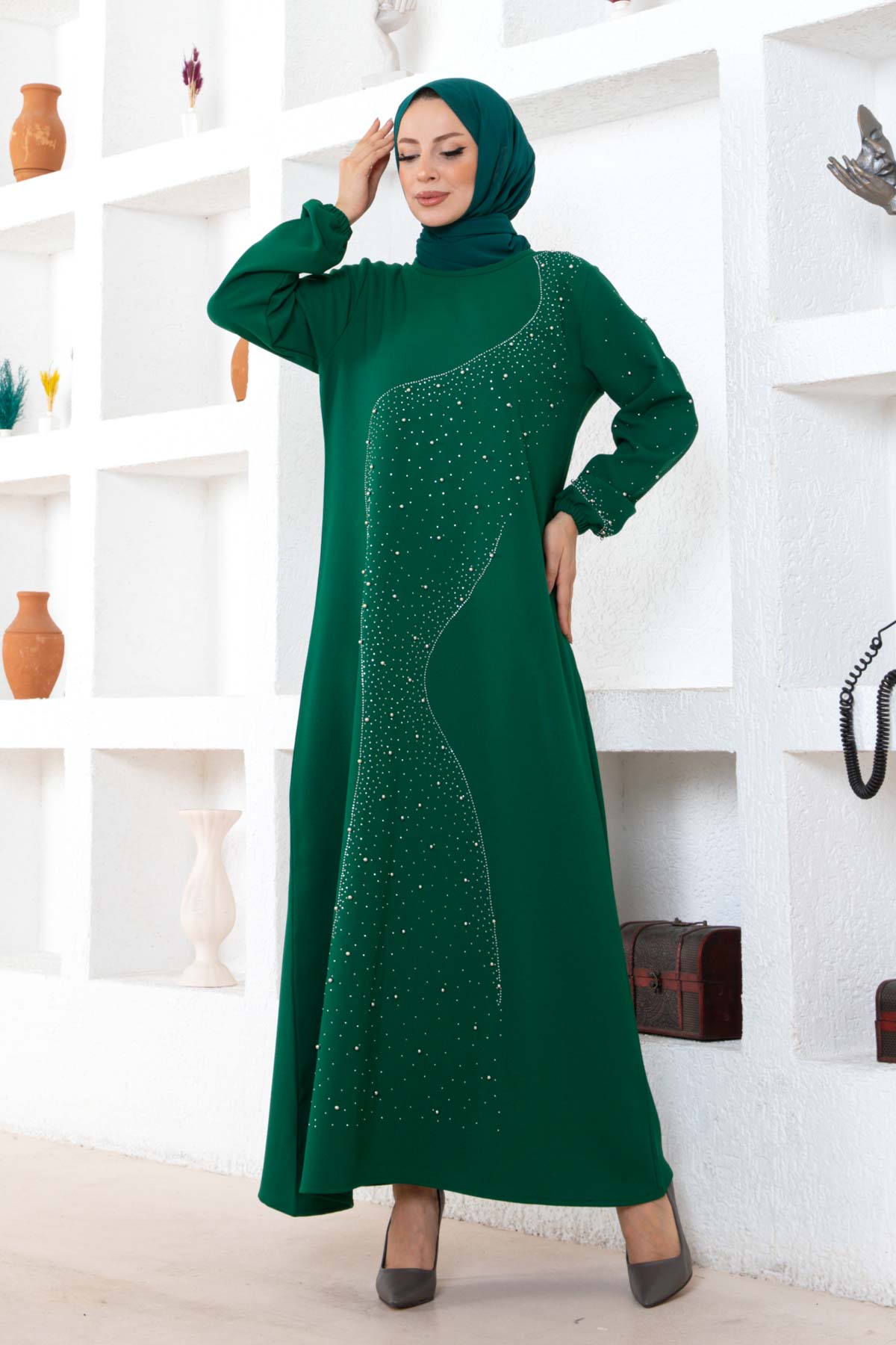 Taşlı Krep Elbise - Yeşil