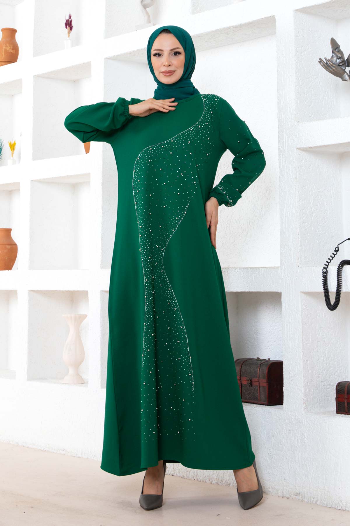 Taşlı Krep Elbise - Yeşil