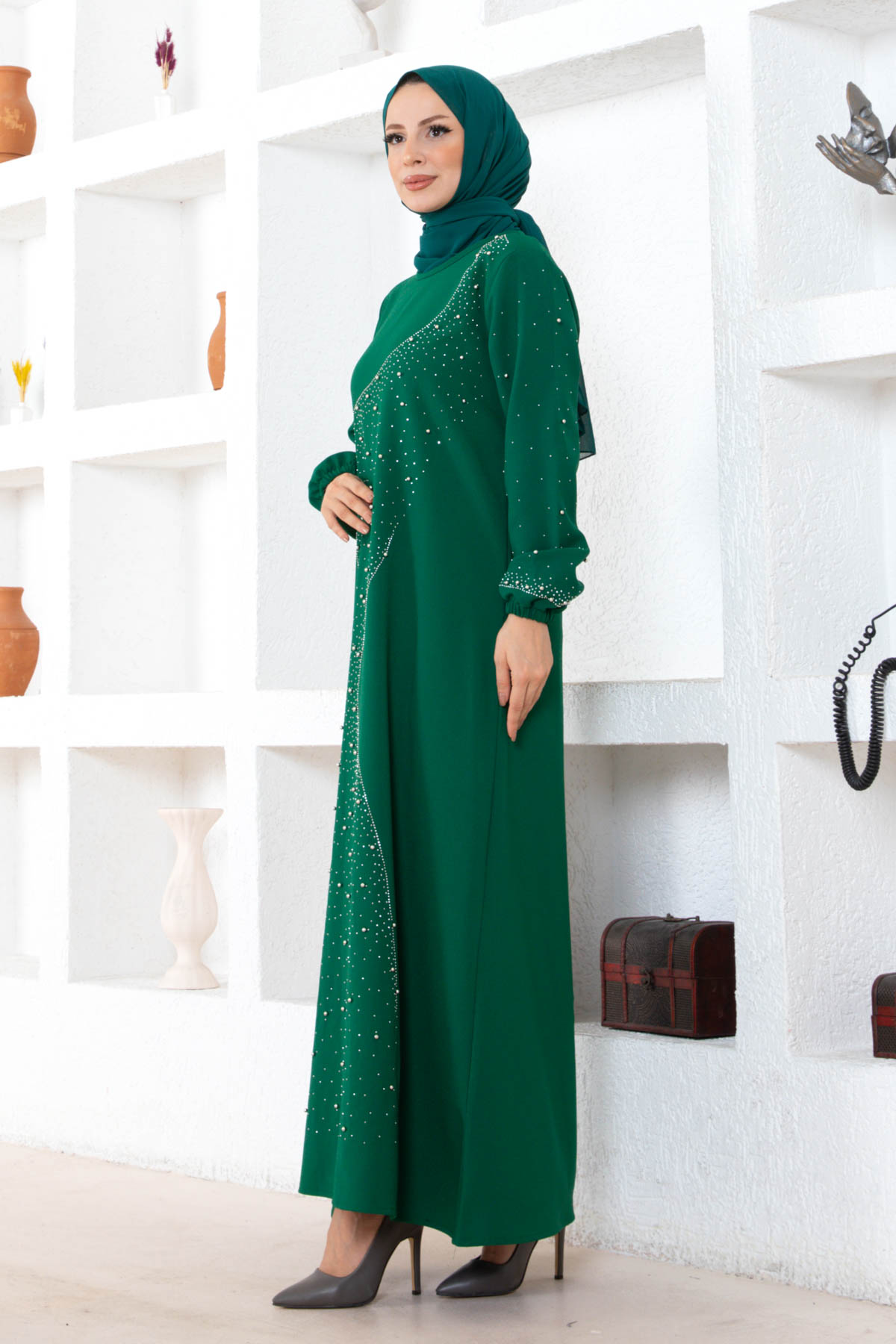 Taşlı Krep Elbise - Yeşil