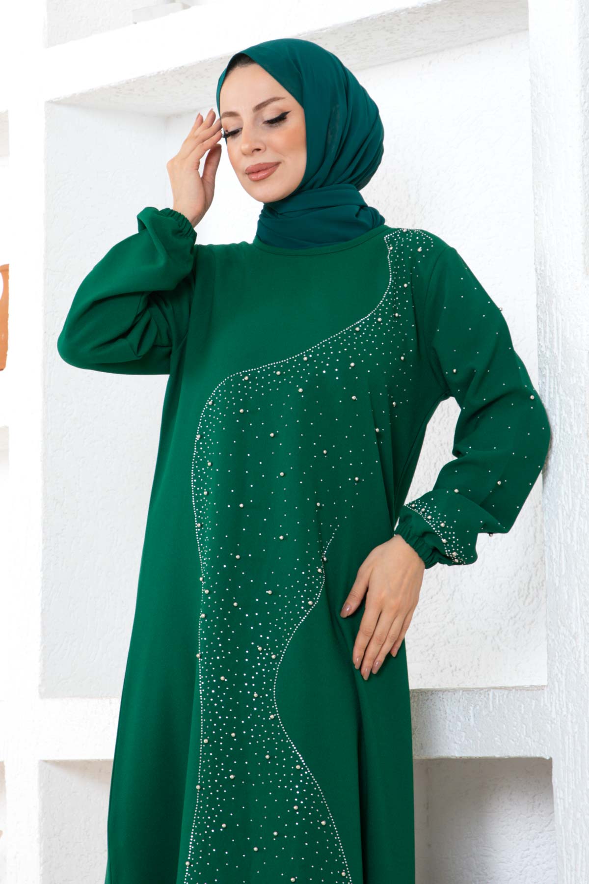 Taşlı Krep Elbise - Yeşil
