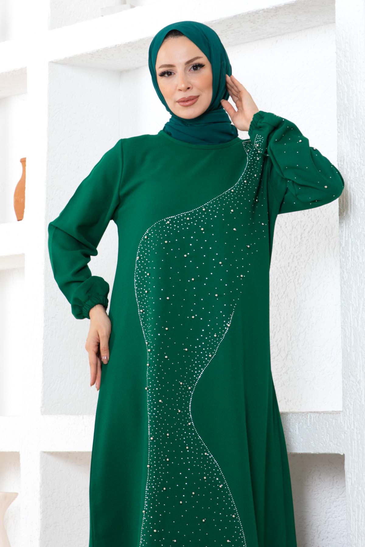 Taşlı Krep Elbise - Yeşil