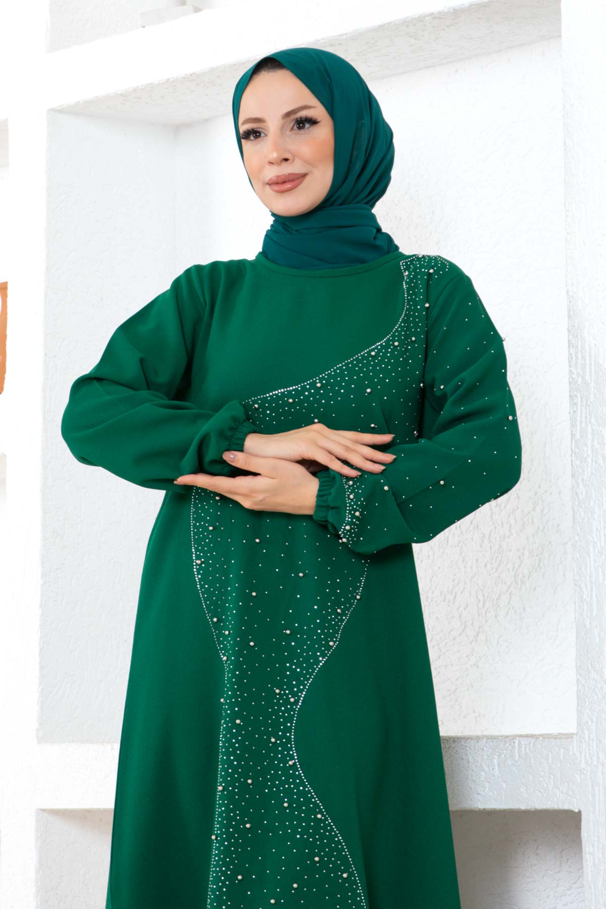Taşlı Krep Elbise - Yeşil