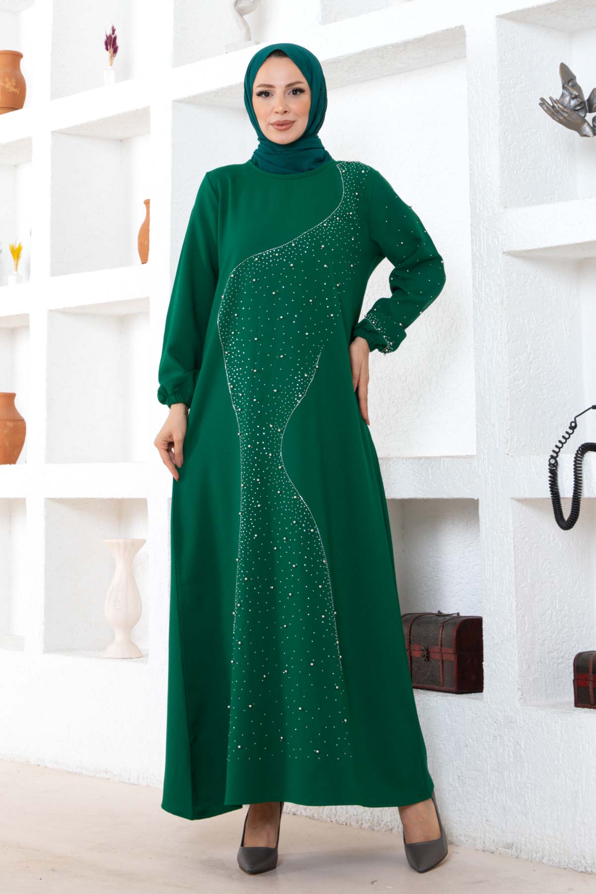 Taşlı Krep Elbise - Yeşil