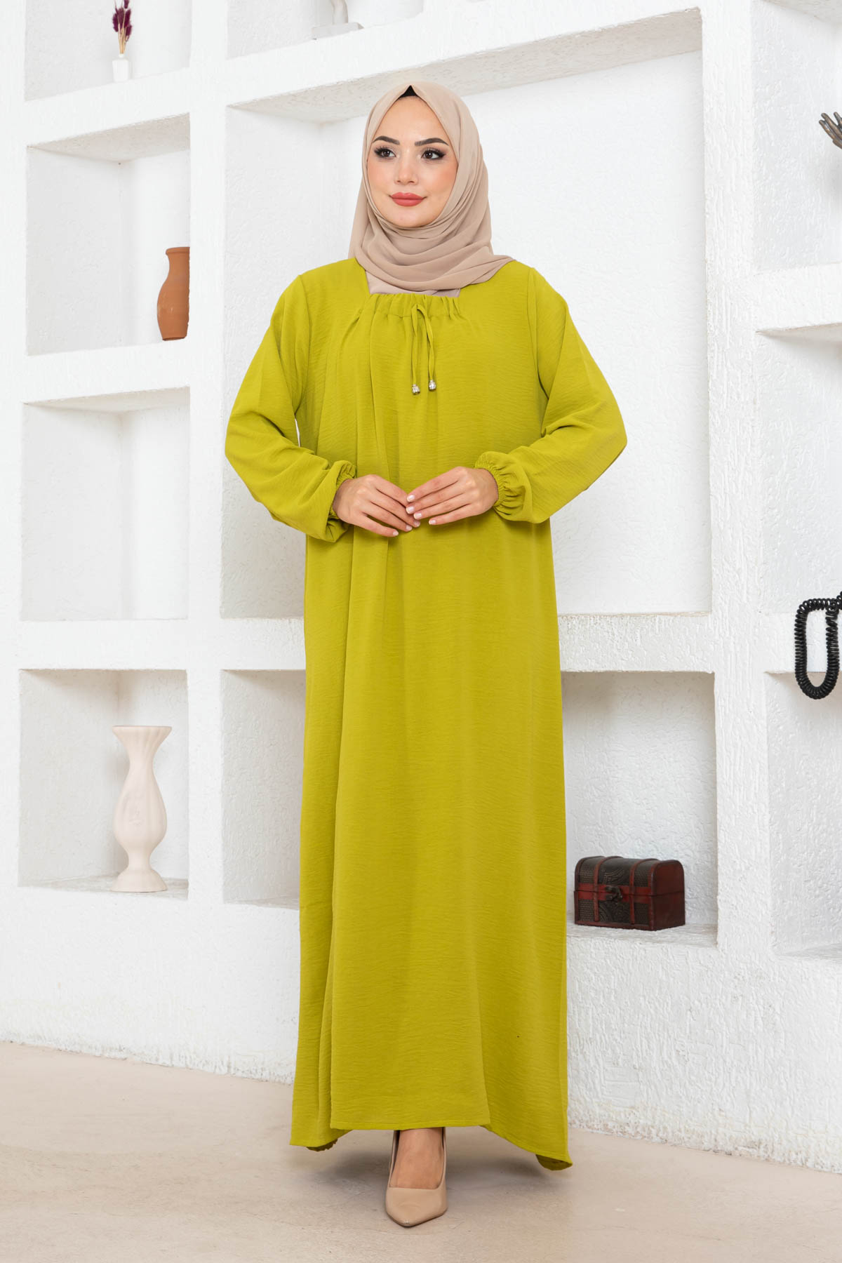 Tesettür Ferace Elbise - Yağ Yeşili