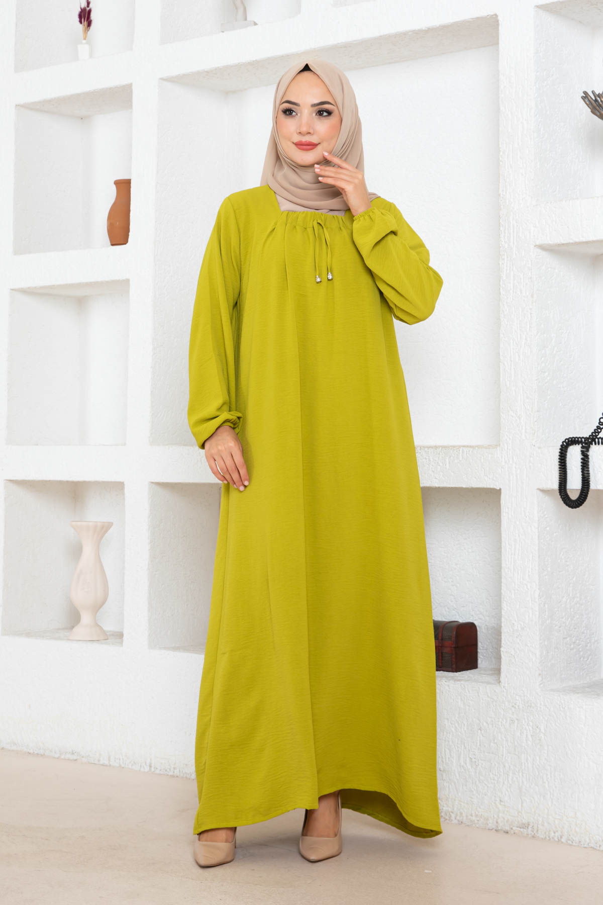 Tesettür Ferace Elbise - Yağ Yeşili