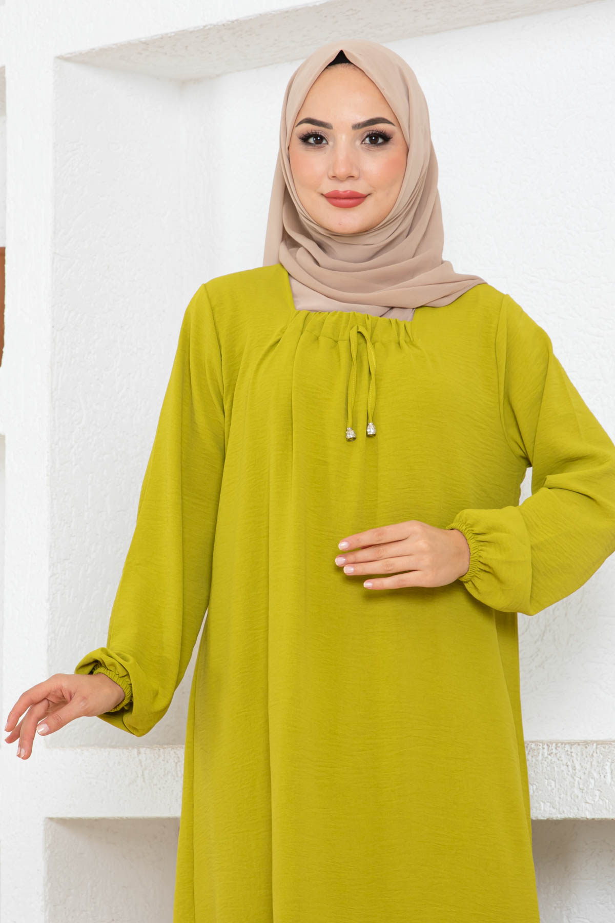 Tesettür Ferace Elbise - Yağ Yeşili