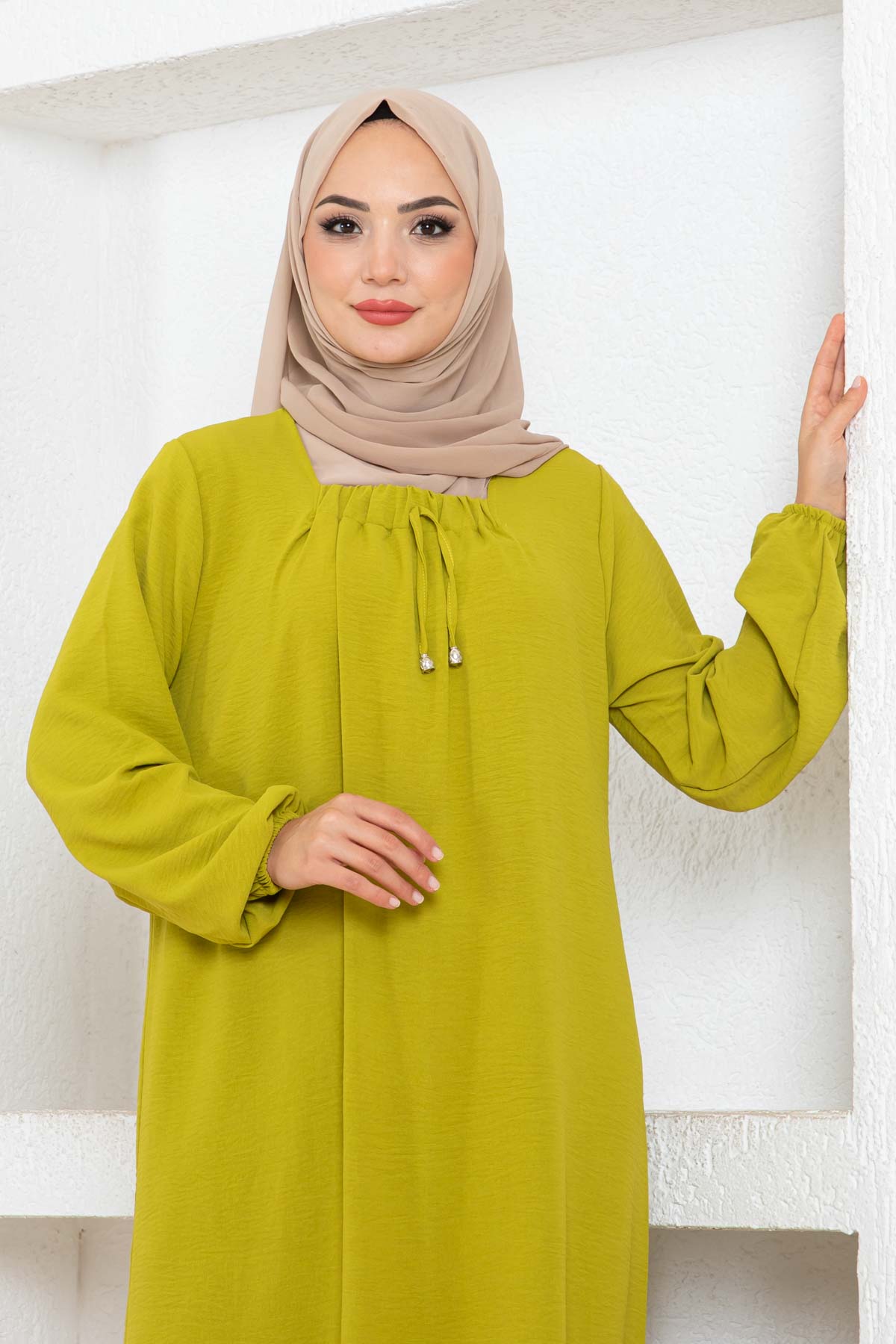 Tesettür Ferace Elbise - Yağ Yeşili