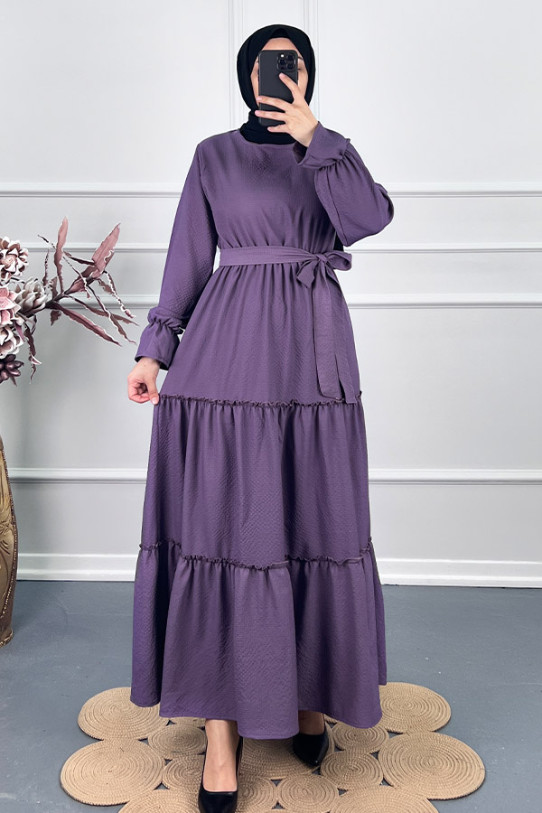 Tesettür Gofre Elbise - Mor