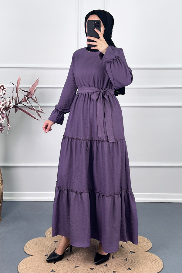 Tesettür Gofre Elbise - Mor