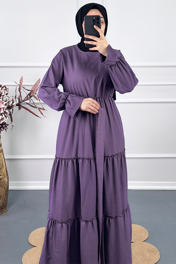 Tesettür Gofre Elbise - Mor