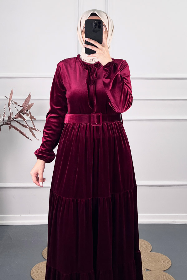 Tesettür Kadife Elbise - Bordo