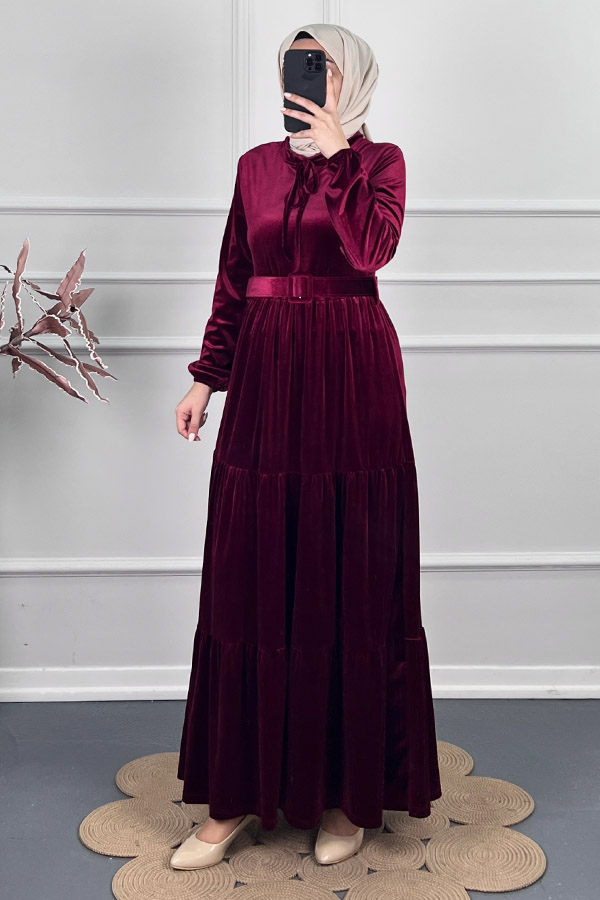 Tesettür Kadife Elbise - Bordo
