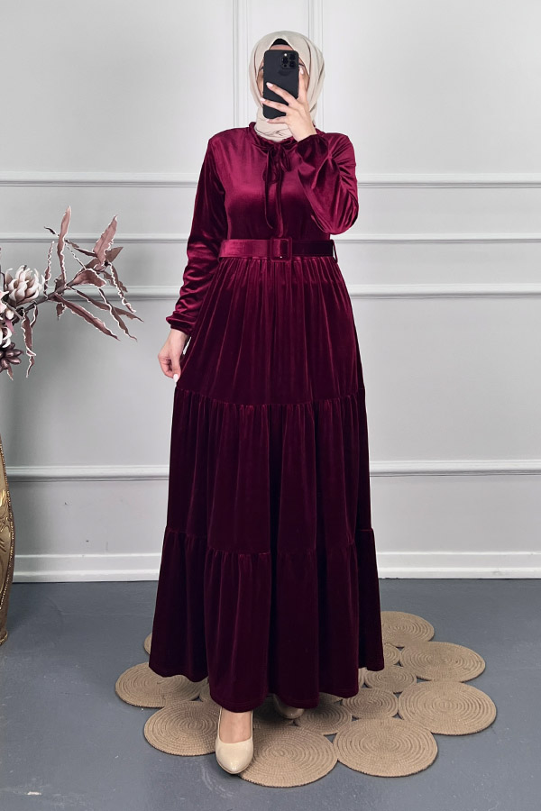 Tesettür Kadife Elbise - Bordo