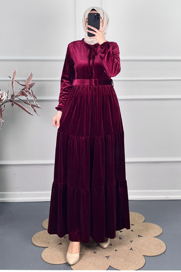 Tesettür Kadife Elbise - Bordo