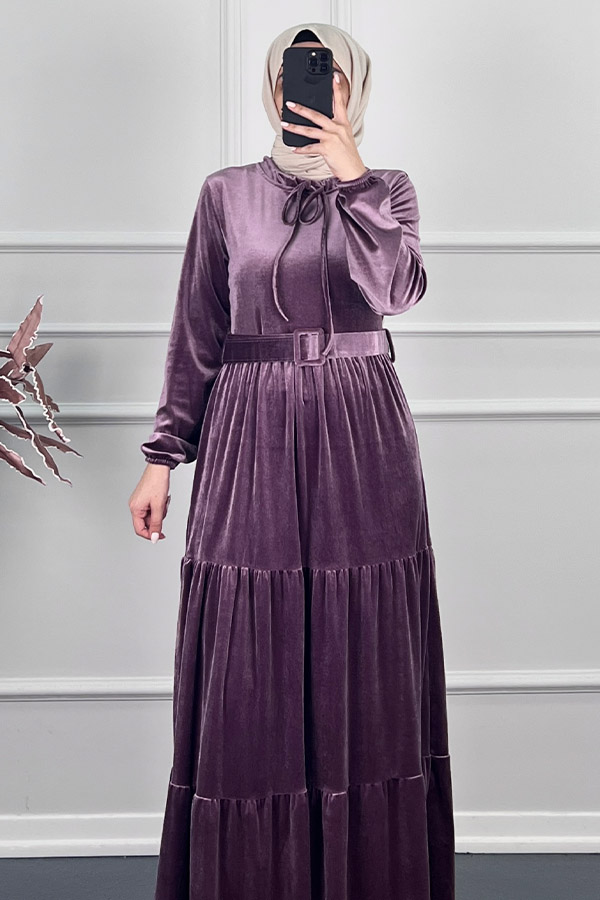 Tesettür Kadife Elbise - Mor