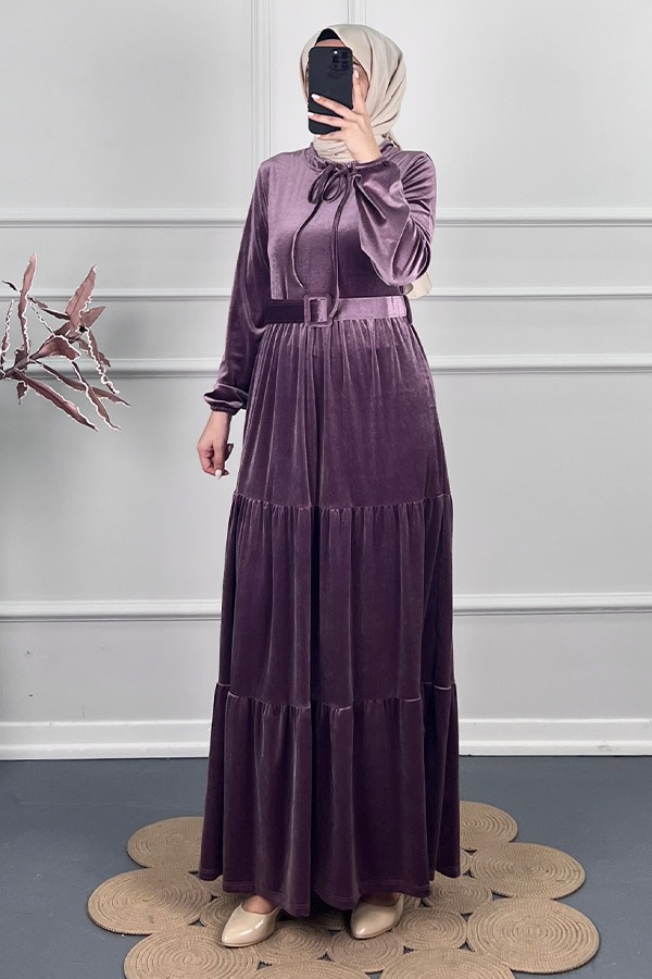 Tesettür Kadife Elbise - Mor