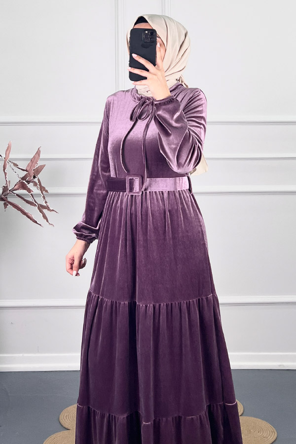 Tesettür Kadife Elbise - Mor