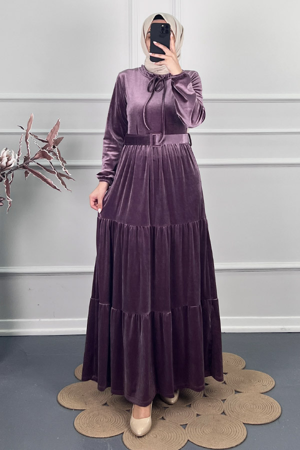 Tesettür Kadife Elbise - Mor