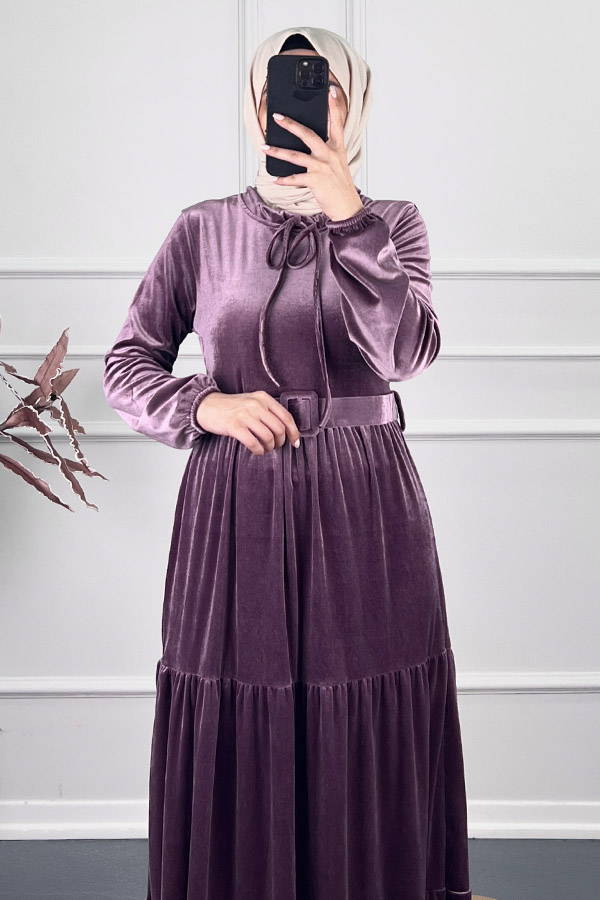Tesettür Kadife Elbise - Mor