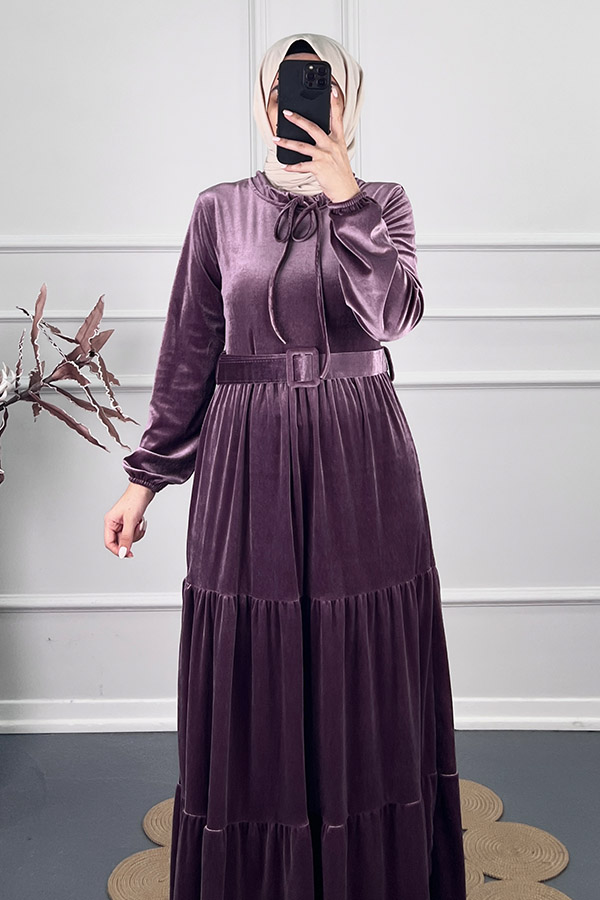 Tesettür Kadife Elbise - Mor