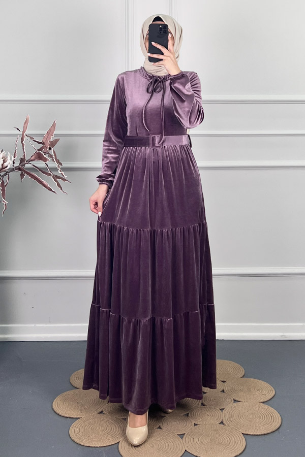 Tesettür Kadife Elbise - Mor
