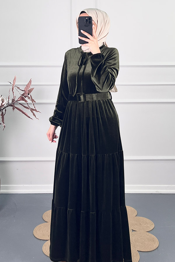 Tesettür Kadife Elbise - Yeşil