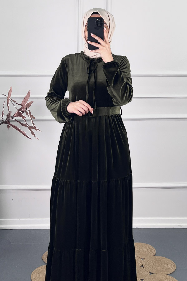 Tesettür Kadife Elbise - Yeşil