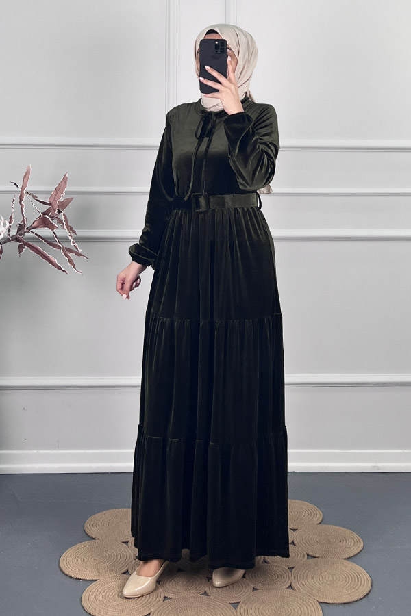 Tesettür Kadife Elbise - Yeşil