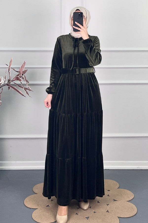 Tesettür Kadife Elbise - Yeşil