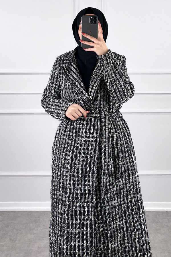 Tesettür Tüvit Trençkot - Siyah Beyaz