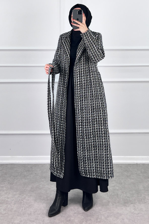 Tesettür Tüvit Trençkot - Siyah Beyaz