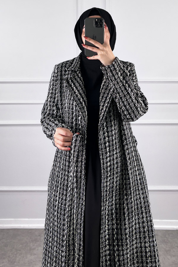 Tesettür Tüvit Trençkot - Siyah Beyaz