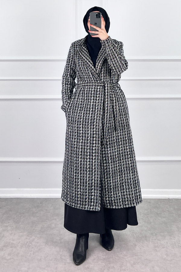 Tesettür Tüvit Trençkot - Siyah Beyaz