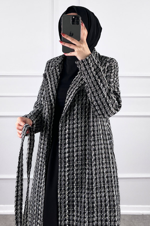 Tesettür Tüvit Trençkot - Siyah Beyaz